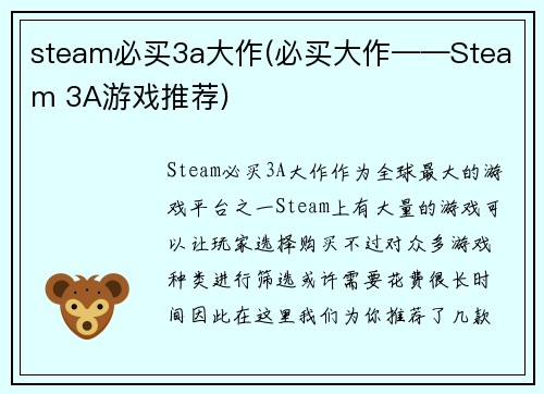 steam必买3a大作(必买大作——Steam 3A游戏推荐)